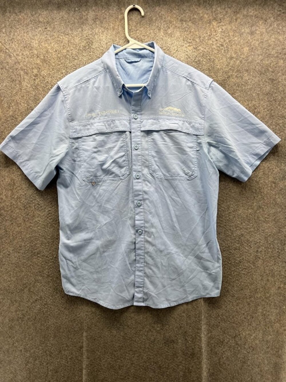 BAW Shirt Men Medium Blue Solid Short Sleeve Button Up Fishing Vented Casual
